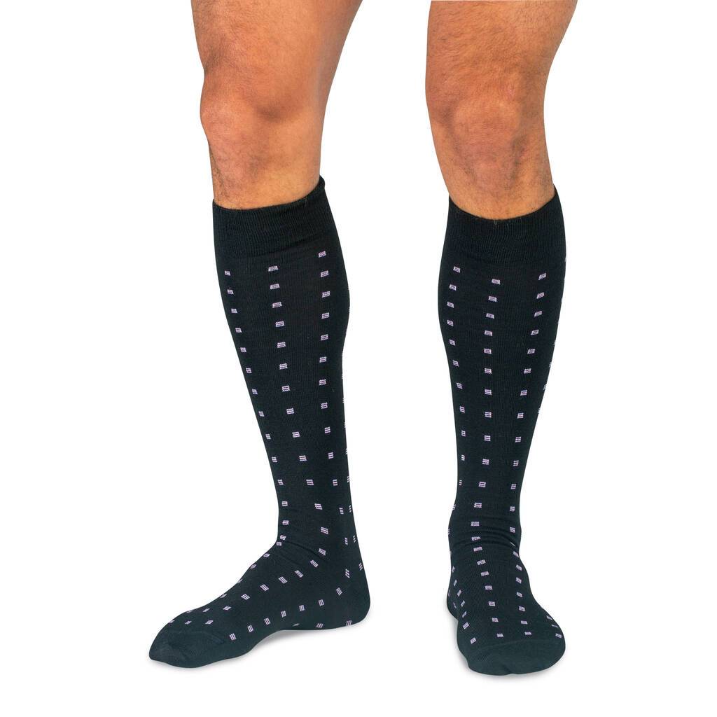 Model Wearing Black Wool Over the Calf Dress Socks Decorated with Purple Pattern