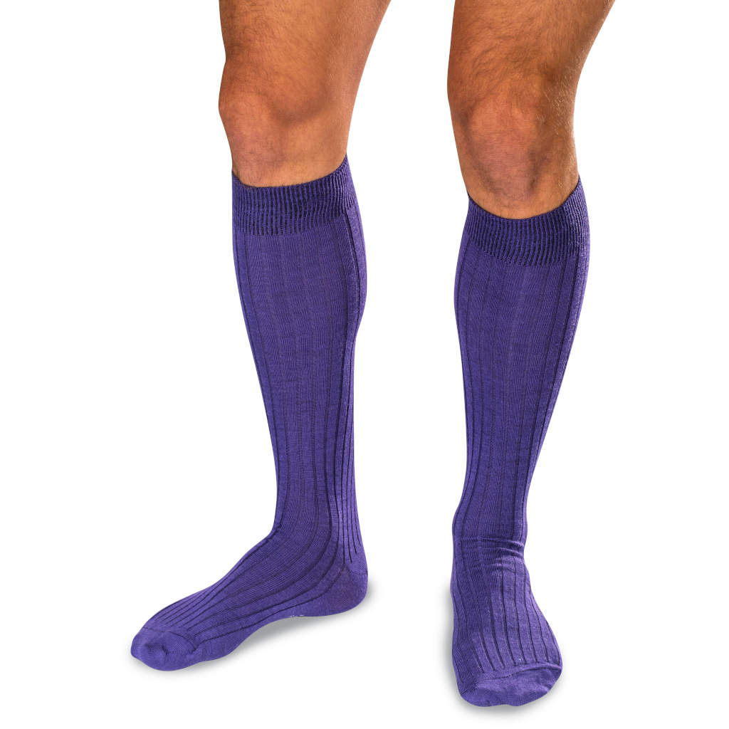 Man Wearing Purple Merino Wool Over the Calf Dress Socks