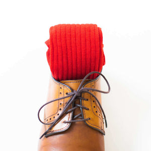 Red Merino Wool Dress Socks Rolled Up in Walnut Brown Brogues