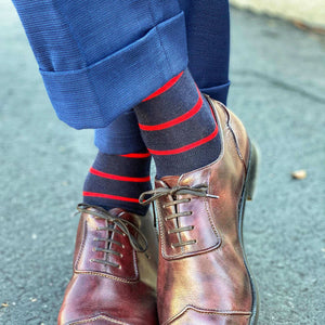 Red Stripes on Navy Merino Wool Dress Socks with Blue Pants and Brown Dress Shoes