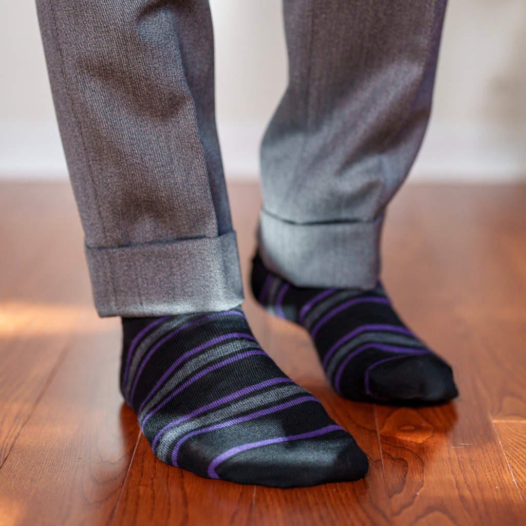 Purple and Grey Stripes on Black Merino Wool Mid Calf Dress Socks - Boardroom Socks Purple and Grey Stripes on Black Merino Wool Mid Calf Dress Socks - Boardroom Socks