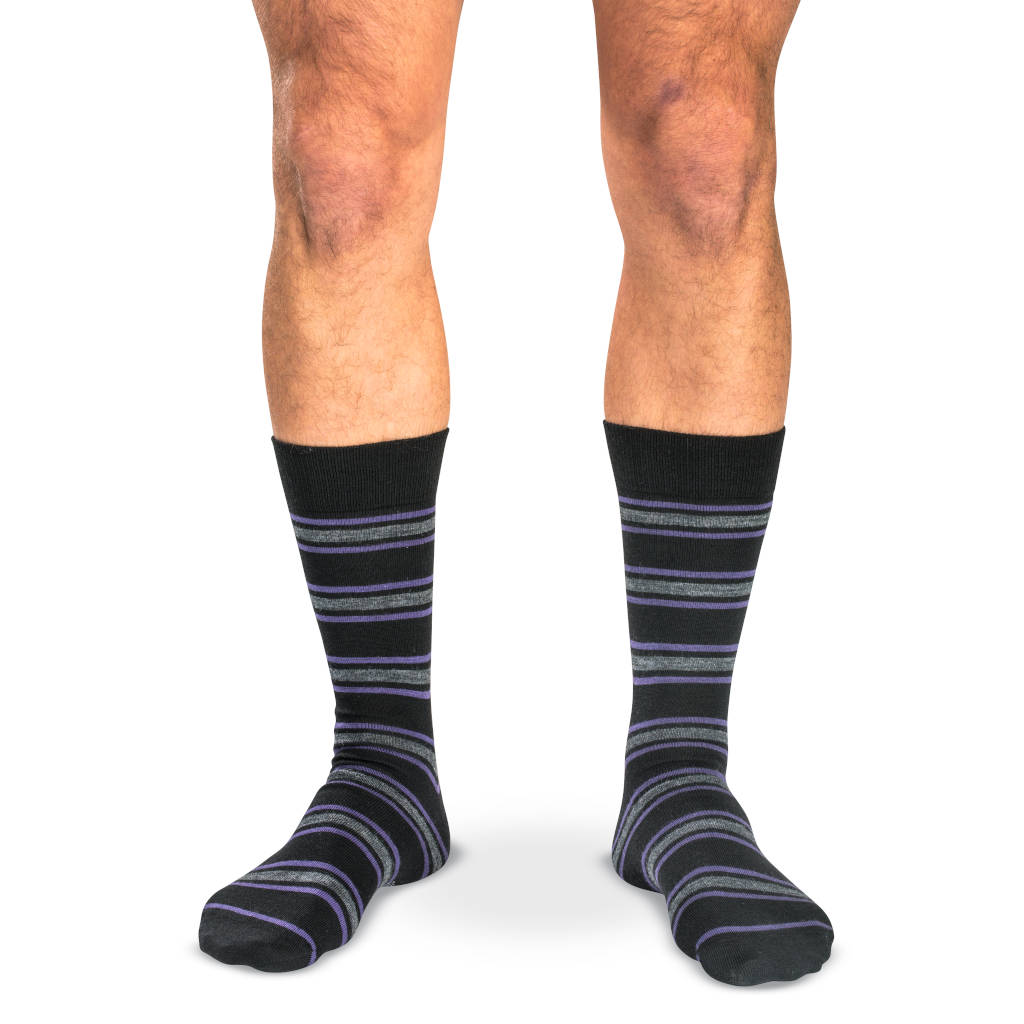 black and purple dress socks Purple and Grey Stripes on Black Merino Wool Mid Calf Dress Socks