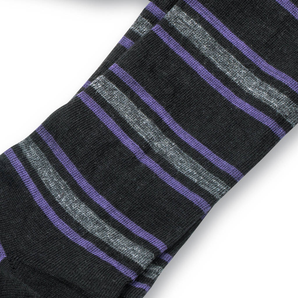 Purple and Grey Stripes on Black Merino Wool Over the Calf Dress Socks - Boardroom Socks Purple and Grey Stripes on Black Merino Wool Over the Calf Dress Socks - Boardroom Socks
