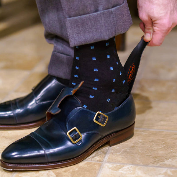 Blue Square Knots on Black Merino Wool Mid Calf Dress Socks