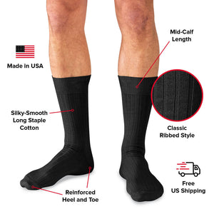 infographic detailing black mid calf cotton dress socks for men