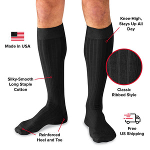 infographic detailing black over the calf dress socks