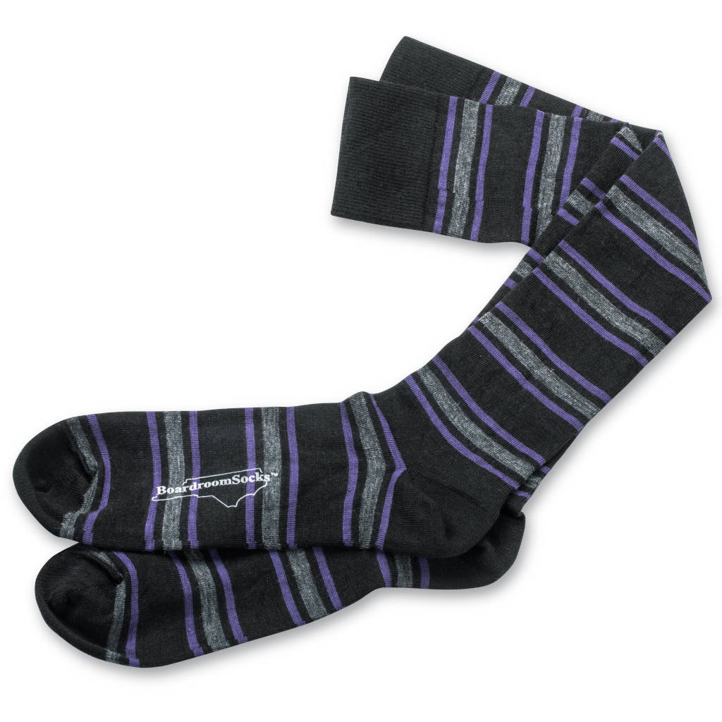 Purple and Grey Stripes on Black Merino Wool Over the Calf Dress Socks - Boardroom Socks Purple and Grey Stripes on Black Merino Wool Over the Calf Dress Socks - Boardroom Socks