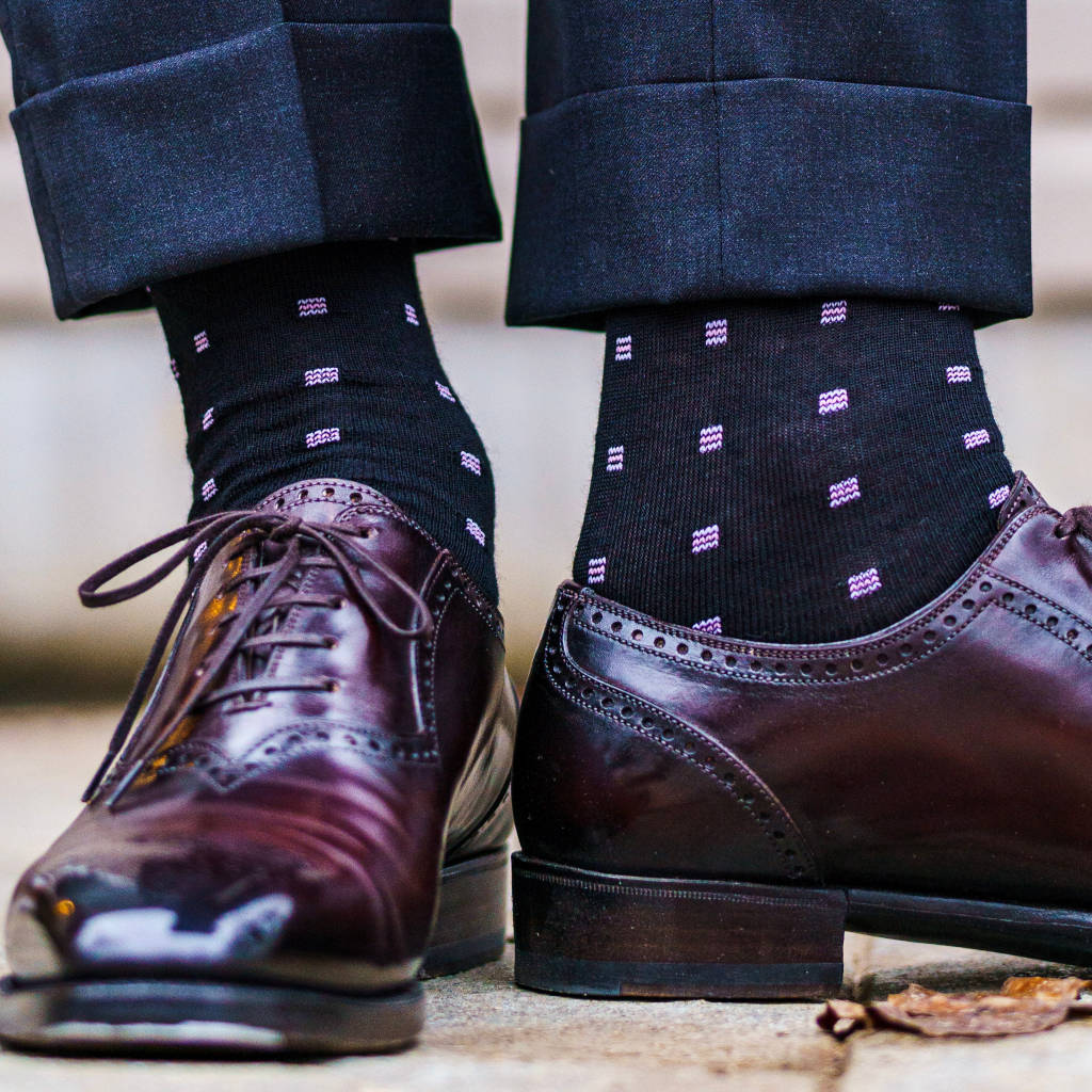 Purple Square Knots on Black Merino Wool Mid-Calf Dress Socks | Boardroom Socks Purple Square Knots on Black Merino Wool Mid-Calf Dress Socks | Boardroom Socks