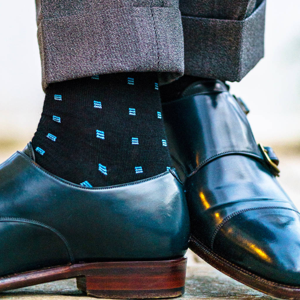 black and blue patterned merino wool dress socks for men