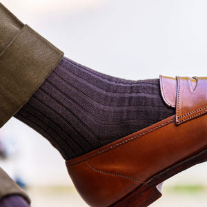 brown merino wool ribbed dress socks with light brown loafers and olive pants