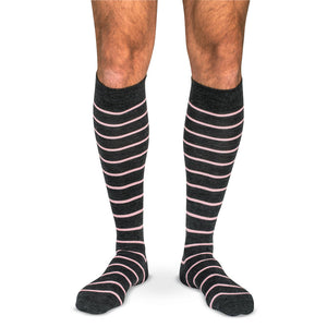 Pink Stripes on Charcoal Merino Wool Over the Calf Dress Socks