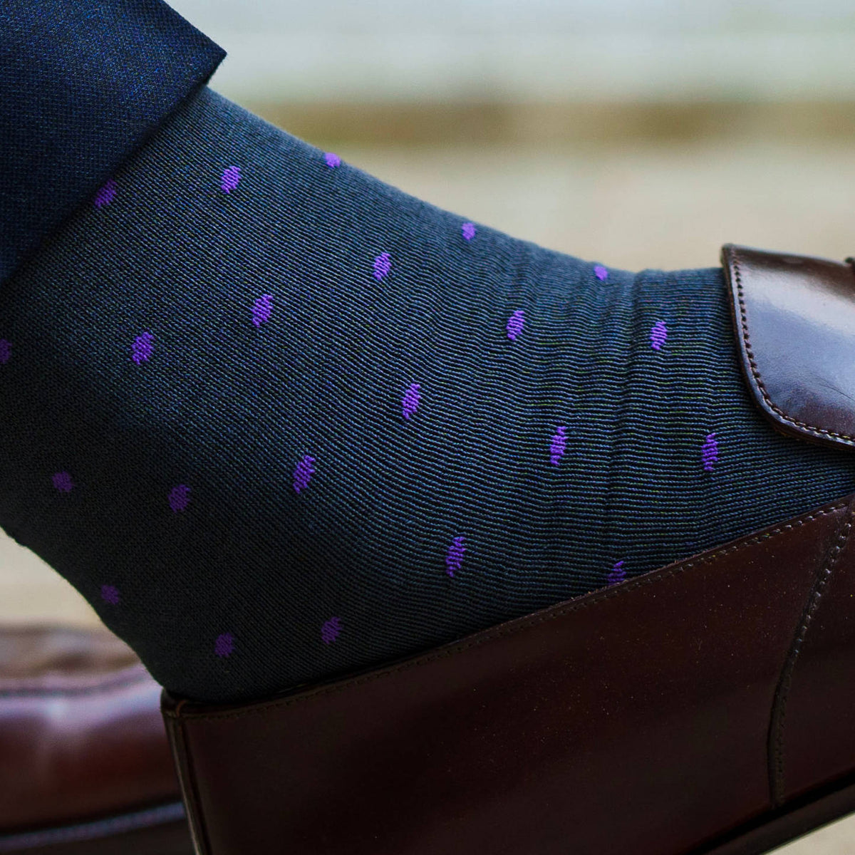 grey dress socks with purple polka dots