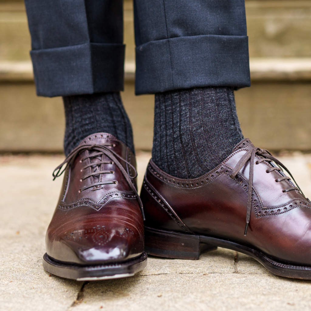 dark grey merino wool dress socks paired with dark burgundy oxford dress shoes