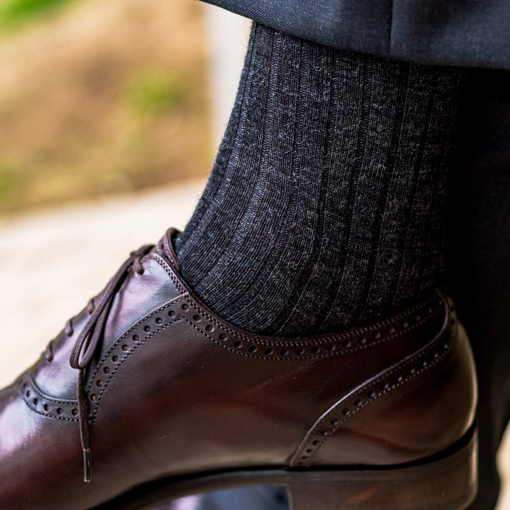 dark grey merino wool dress socks paired with dark brown oxfords