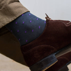 purple and grey polka dot dress socks with tan chinos