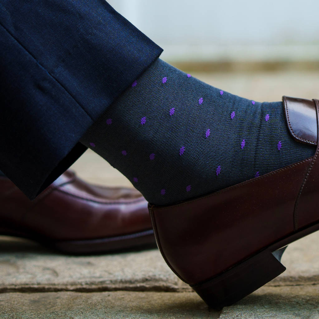 Grey Dress Socks with Purple Polka Dots | Men's Luxury Cotton Dress Socks with Linked Toe by Boardroom Socks Grey Dress Socks with Purple Polka Dots | Men's Luxury Cotton Dress Socks with Linked Toe by Boardroom Socks