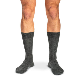 model wearing grey heather mid-calf dress socks