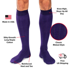 purple over the calf dress socks infographic with features and benefits