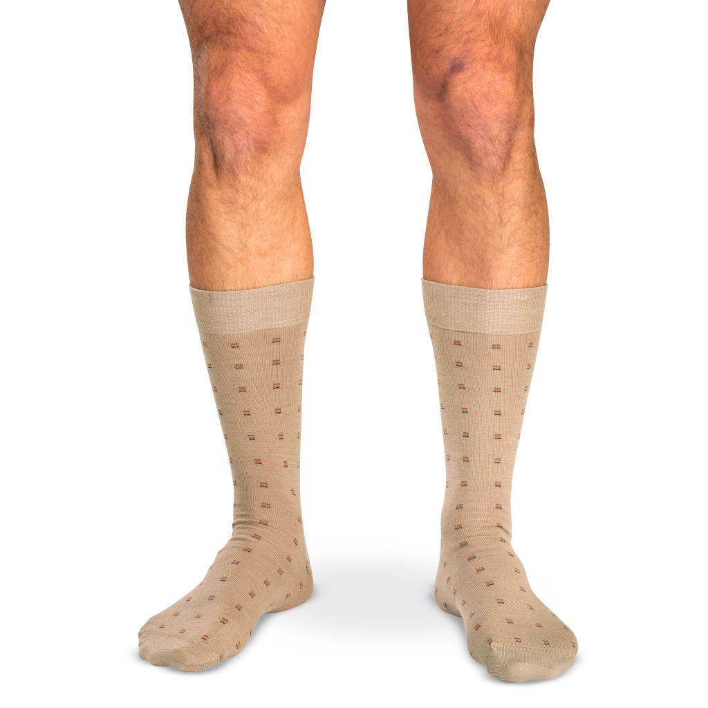 Boardroom Socks - Colorful Square Knots on Khaki Merino Wool Mid Calf Boardroom Socks - Colorful Square Knots on Khaki Merino Wool Mid Calf