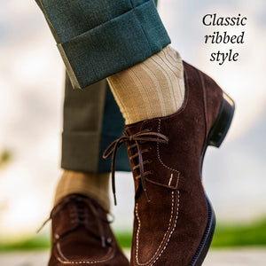 khaki dress socks with cuffed green trousers and dark brown suede dress shoes