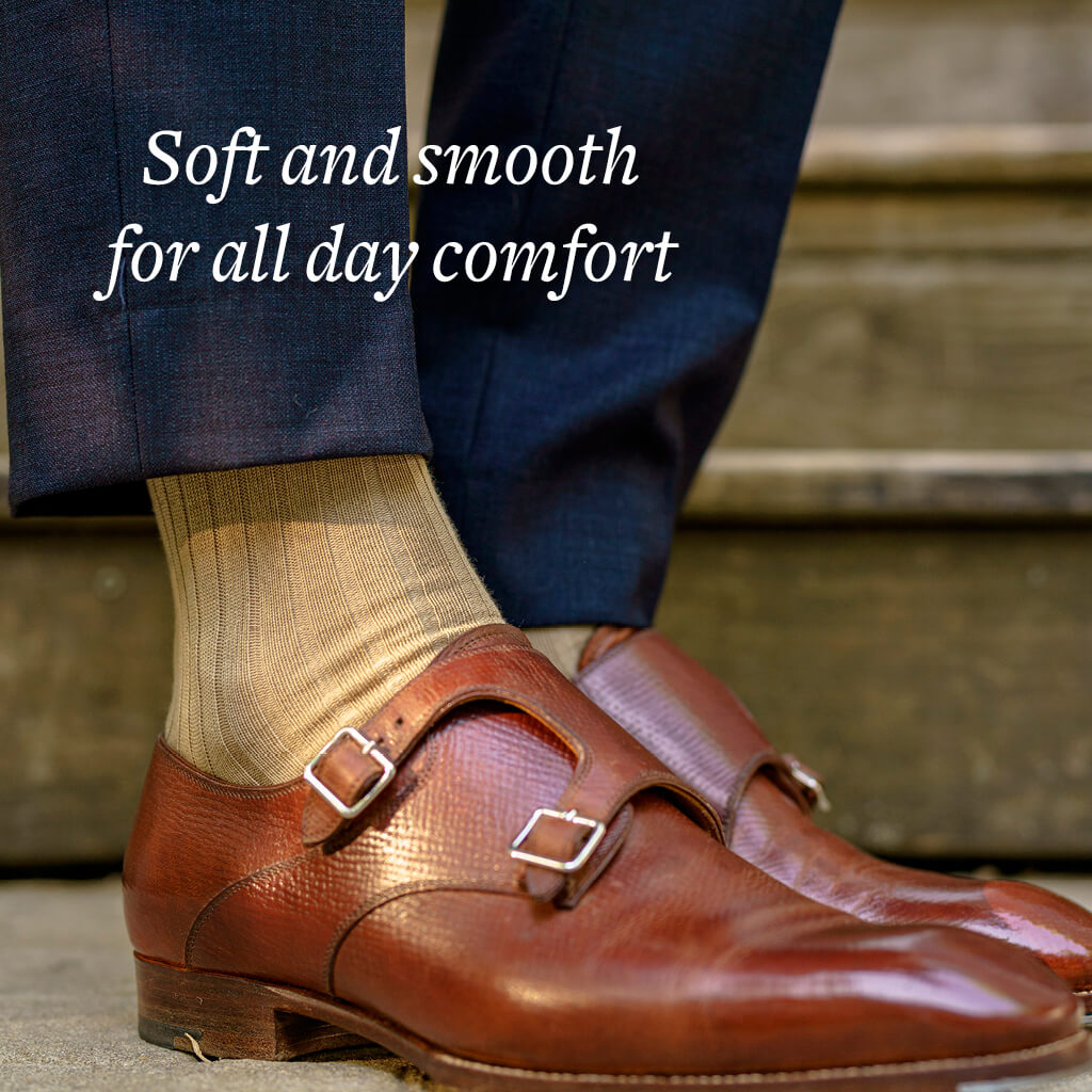 khaki cotton dress socks with navy dress pants and brown monkstrap shoes