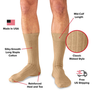 infographic detailing features of mid-calf khaki dress socks
