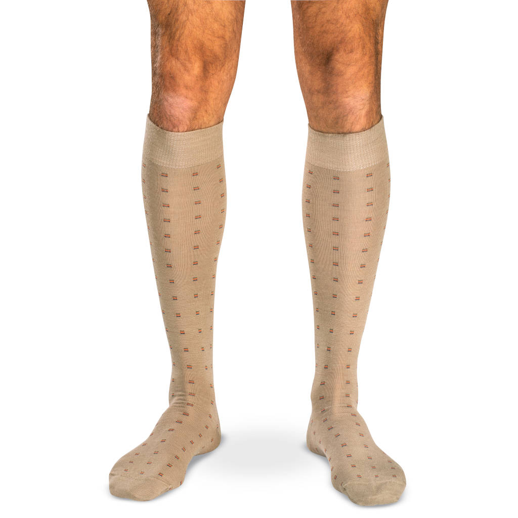 tan knee high dress socks with colorful patterns