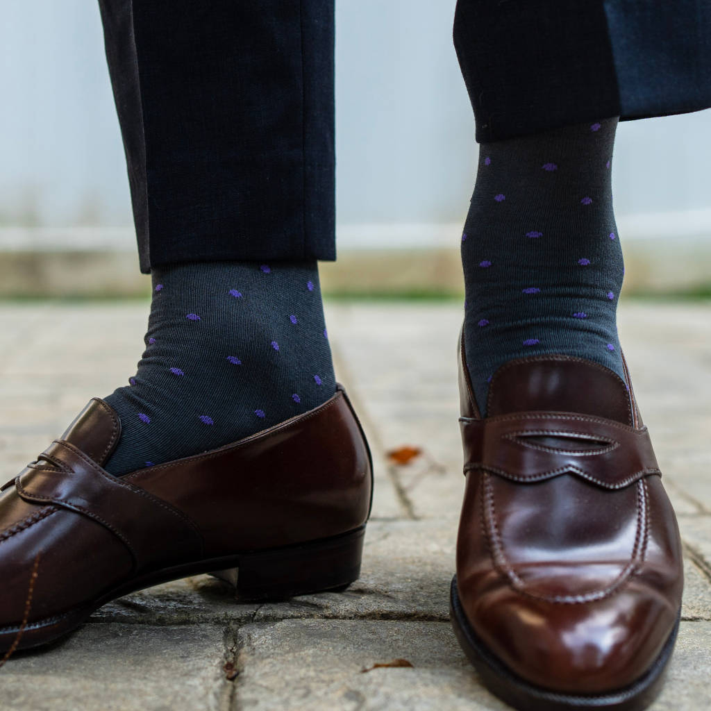 purple socks with a burgundy dress Men's purple stripe dress socks with merino wool over the calf and crafted in the USA