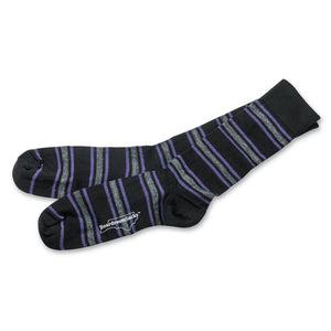 pair of black dress socks decorated with purple and grey horizontal stripes