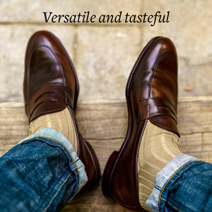 khaki cotton dress socks with jeans and brown penny loafers