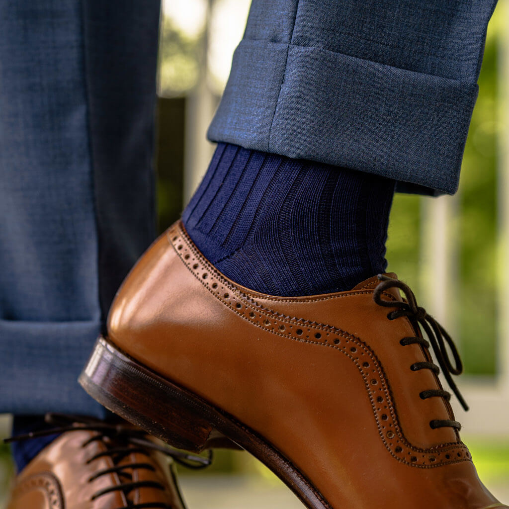 navy blue cotton dress socks with navy dress pants and tan dress shoes