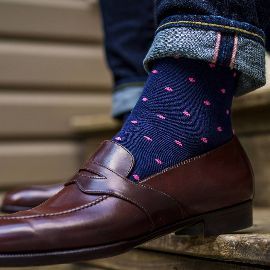 Pink Dots on Navy Cotton Over the Calf Dress Socks - Boardroom Socks Pink Dots on Navy Cotton Over the Calf Dress Socks - Boardroom Socks
