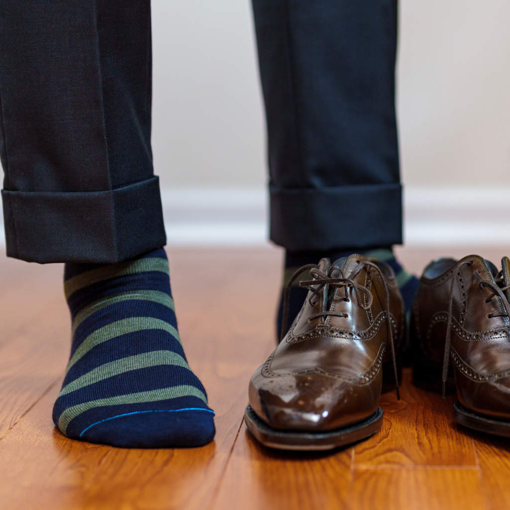 Olive Stripes on Navy Merino Wool Mid Calf Dress Socks