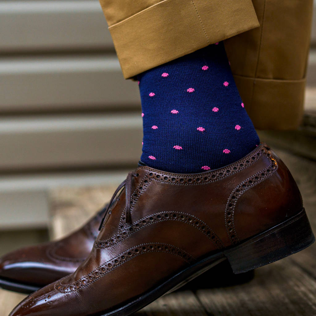 Boardroom Socks - Pink Dots on Navy Cotton Mid Calf Boardroom Socks - Pink Dots on Navy Cotton Mid Calf