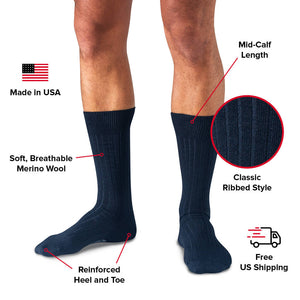 navy mid-calf merino wool dress socks infographic