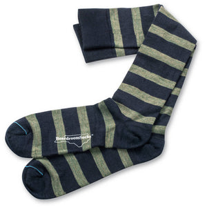 pair of olive green and navy striped wool over the calf dress socks