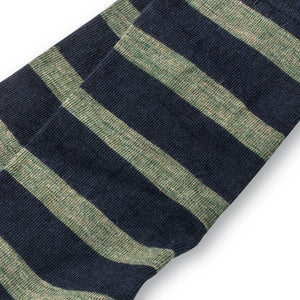 close up of olive green and navy striped dress socks for men