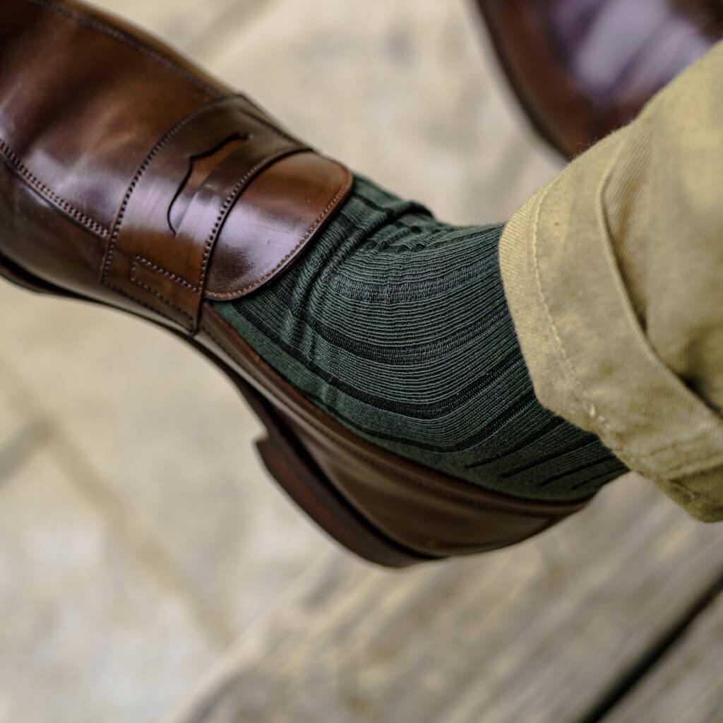 olive green dress socks with khaki chinos and brown penny loafers