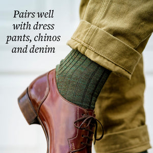 olive green dress socks with khaki chinos and brown leather dress shoes