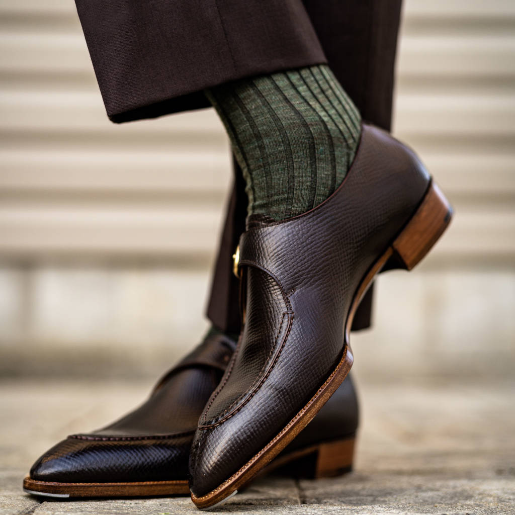olive green dress socks with brown trousers and brown monk strap shoes