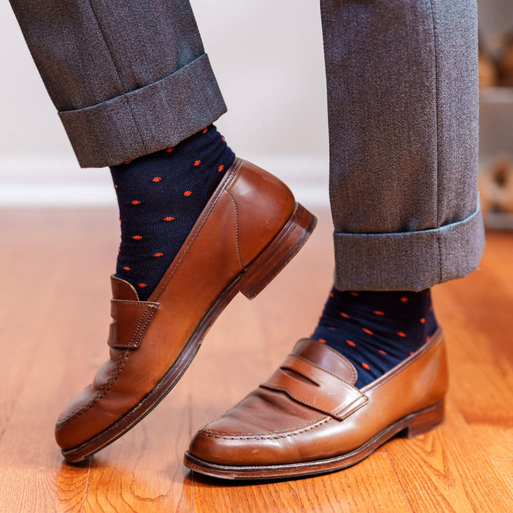 Orange Dots on Navy Merino Wool Mid Calf Dress Socks