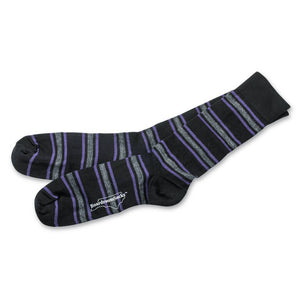 pair of mid-calf length black dress socks with purple and grey stripes