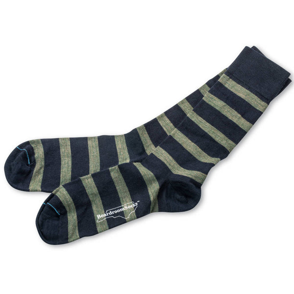 Olive Stripes on Navy Merino Wool Mid Calf Dress Socks - Boardroom Socks