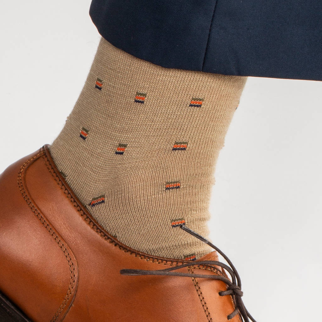 khaki wool dress socks with subtle colorful patterns