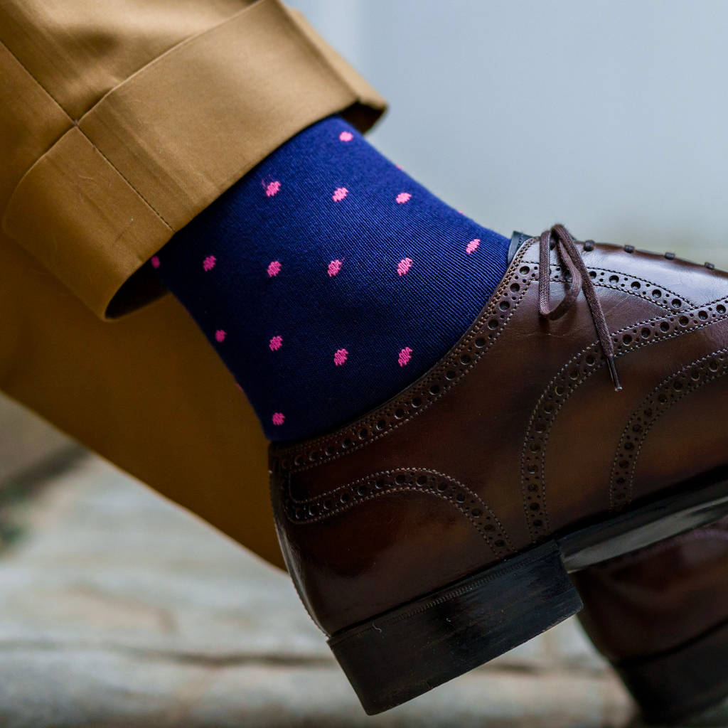 pink polka dots on navy cotton dress socks