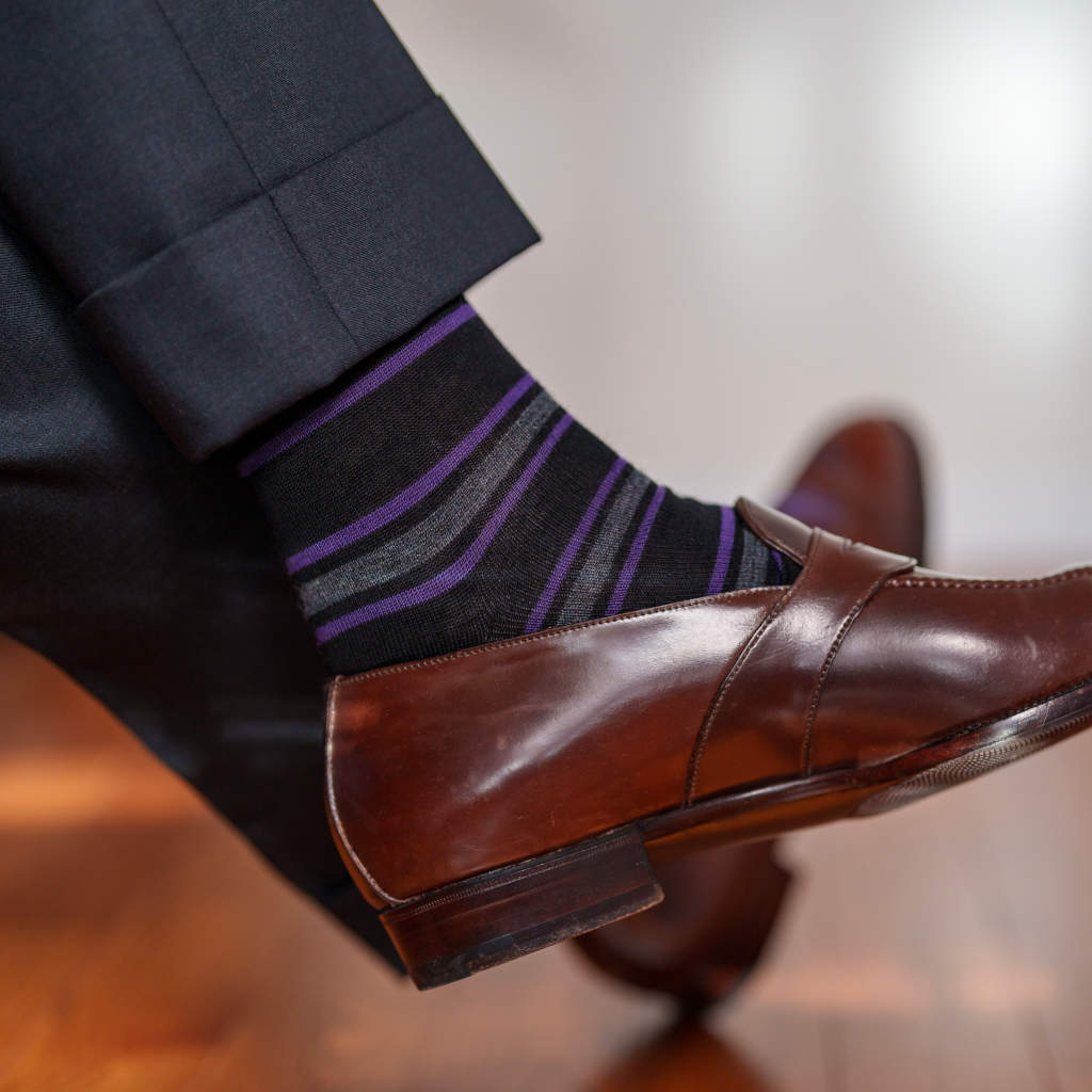 Purple and Grey Stripes on Black Merino Wool Over the Calf Dress Socks - Boardroom Socks Purple and Grey Stripes on Black Merino Wool Over the Calf Dress Socks - Boardroom Socks
