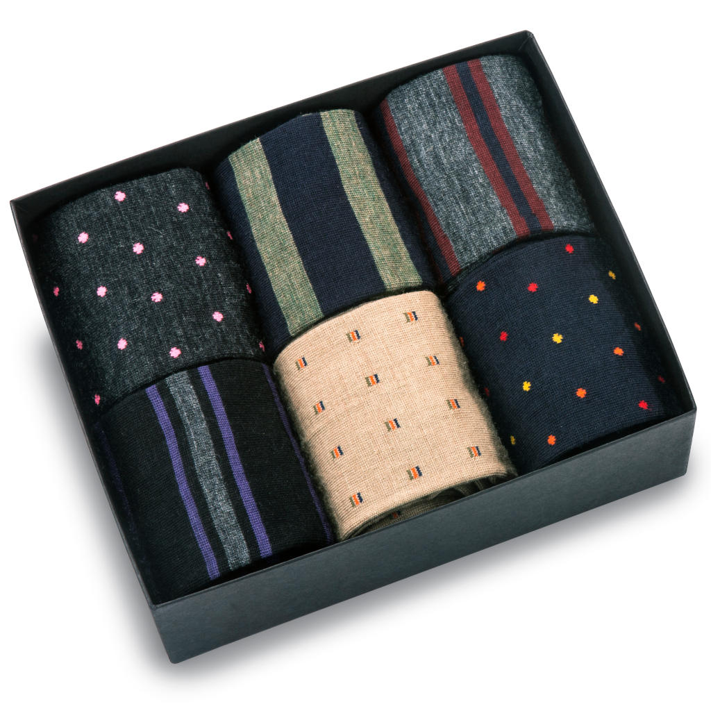 opened gift box showing six pairs of patterned merino wool dress socks