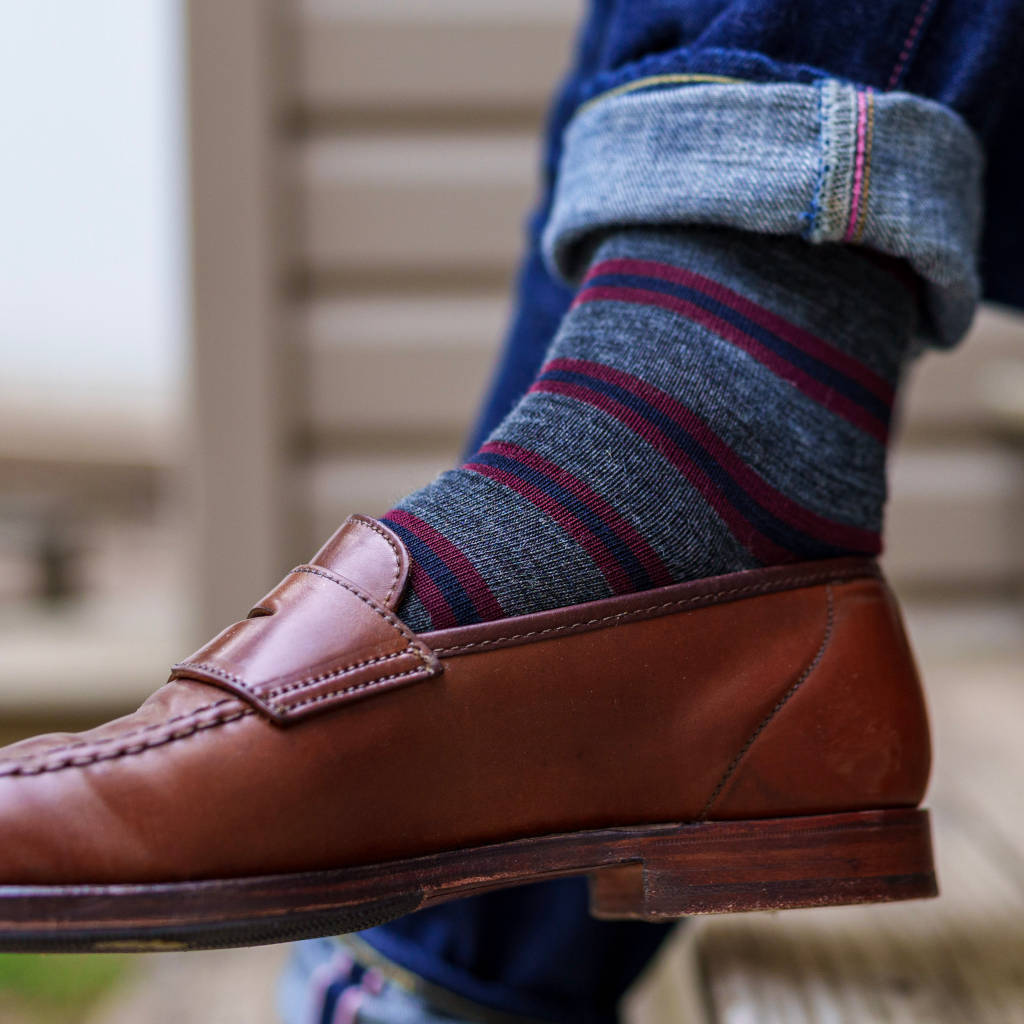 grey heather socks with burgundy and navy stripes 