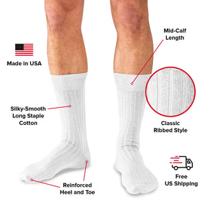 infographic detailing features and benefits of white dress socks from Boardroom Socks